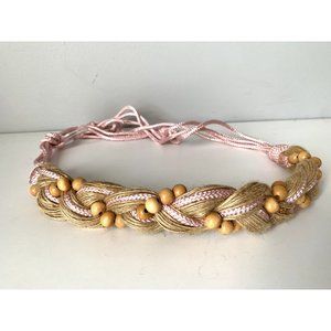 Vintage Statement Braided Beaded Belt Womens Tan Pink Tie Waist 80s 90s‎ Boho